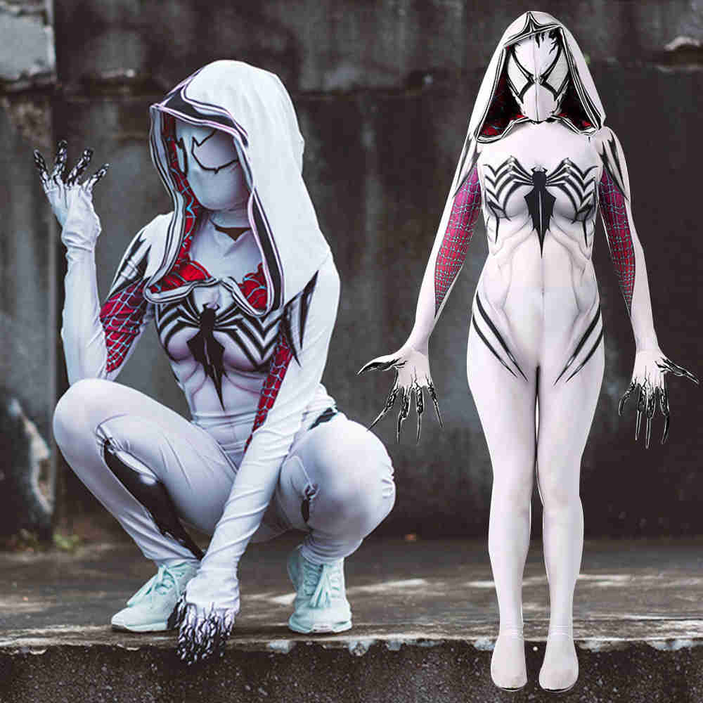Lady Venom Spider-man Gwen Stacy Halloween Cosplay Costume Zentai Girl Hooded 