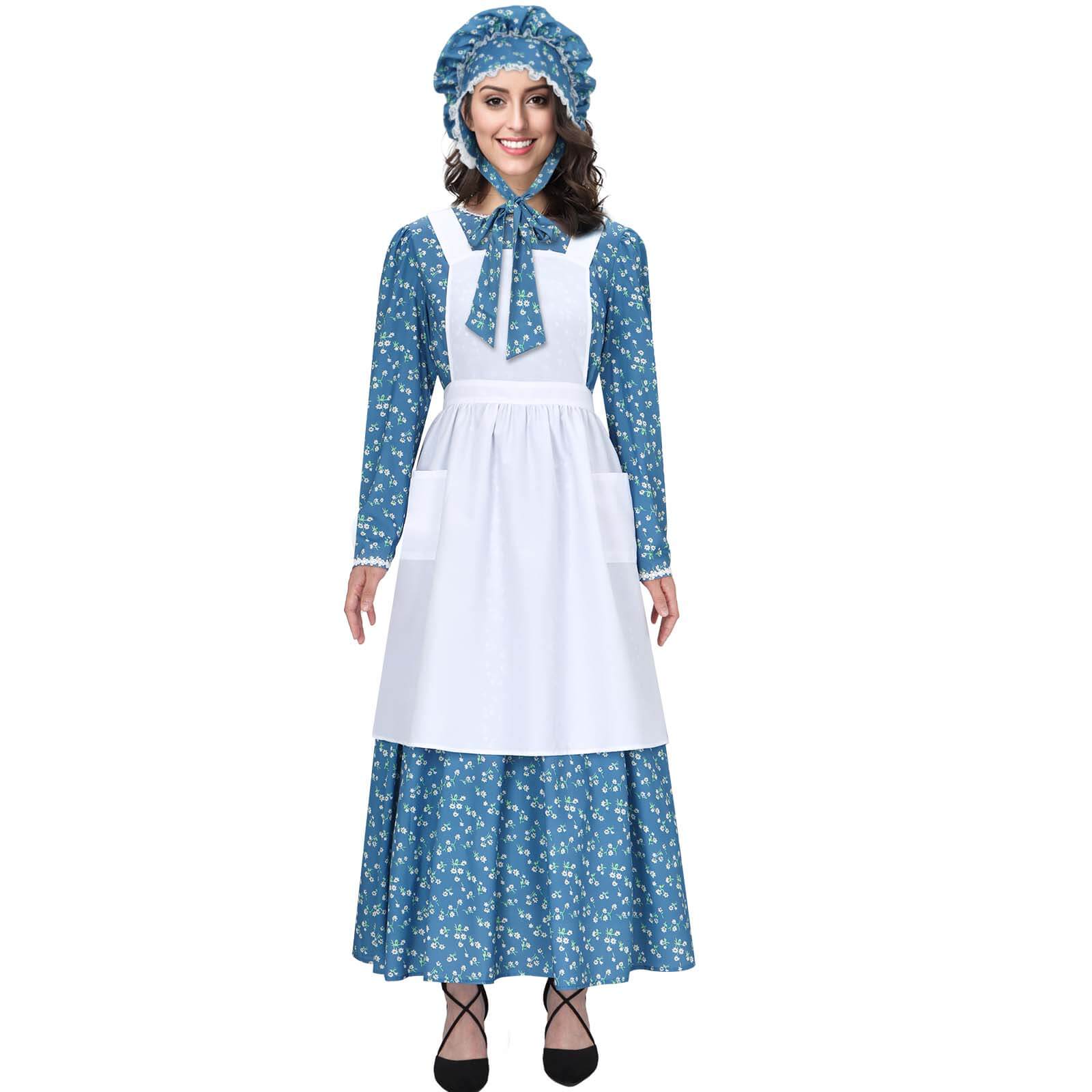 blue pioneer dress Girls Pioneer Dress Bonnet 2 Pcs Set Halloween Costume Blue Flowers Printed  Colonial Prairie Skirt Outfit for Kids Role Play Colorful 3-10 Years –  IKALI COSTUME